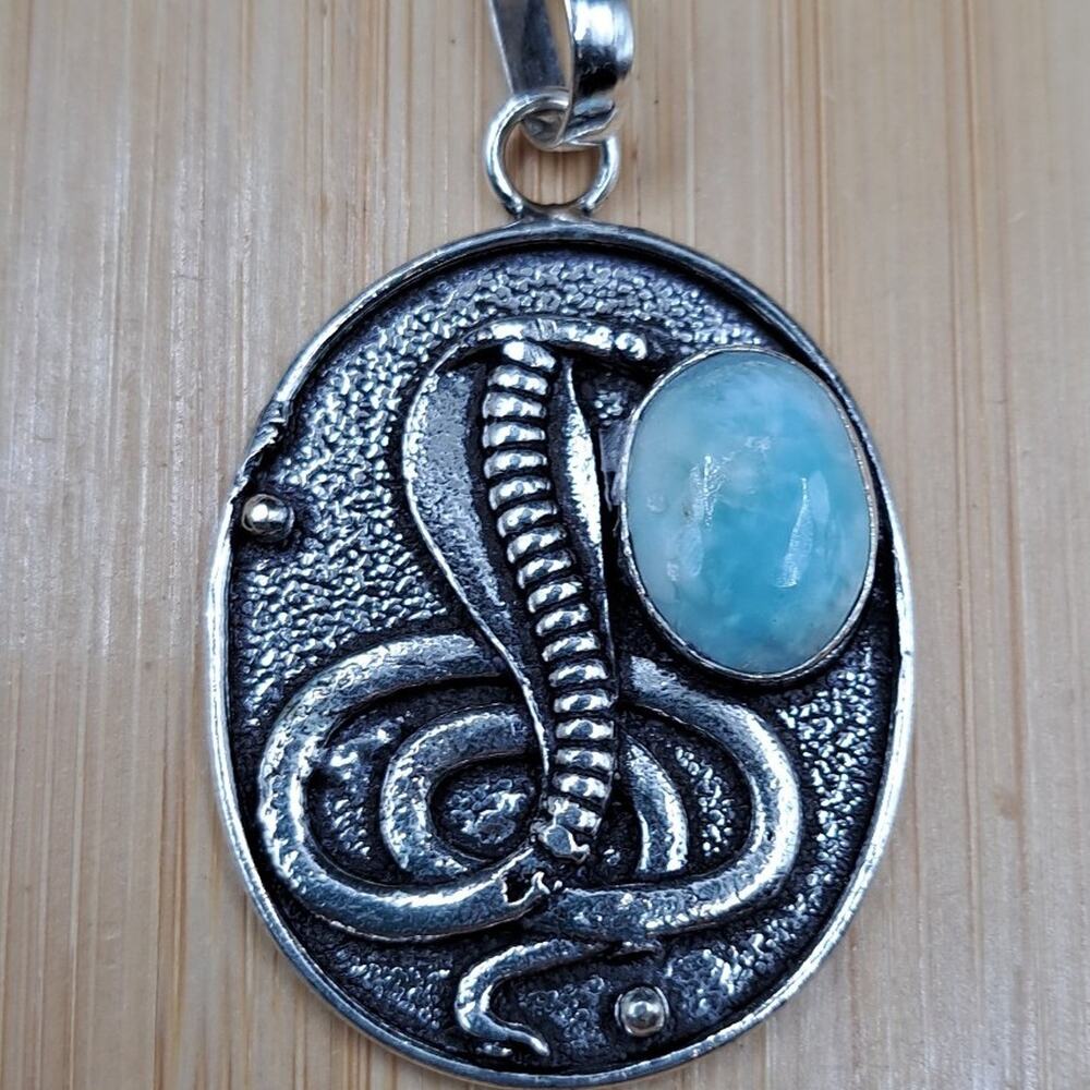 Larimar Snake 925 Silver Plated Unique Crystal Pendant, 2.1"